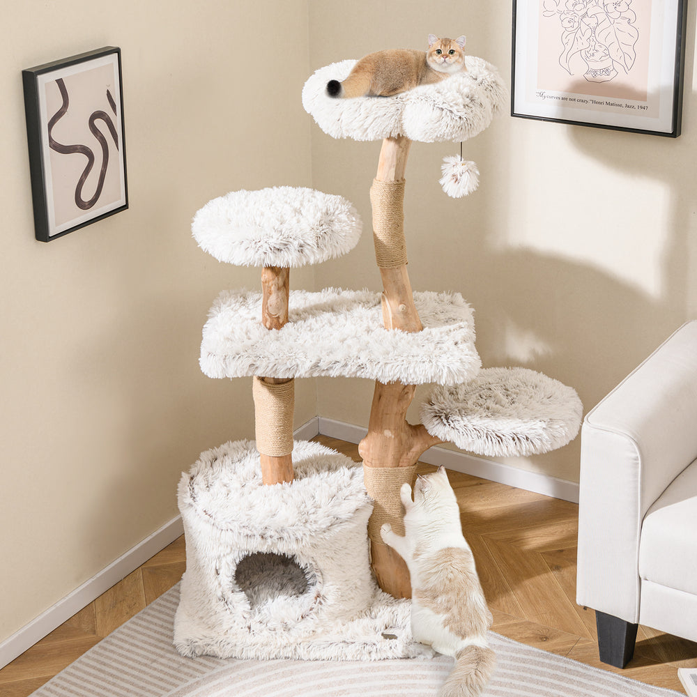 Cat tree with plush-covered platforms and snug condo, designed for climbing, napping, and playful lounging.