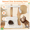 Natural wooden cat tree with jute scratching posts and plush coverings, perfect for climbing and relaxing.