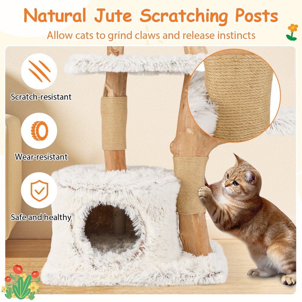 Natural wooden cat tree with jute scratching posts and plush coverings, perfect for climbing and relaxing.