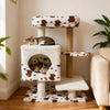 Modern cat tree with cozy two-door condo and wide perch, featuring soft cushions and durable scratching posts.
