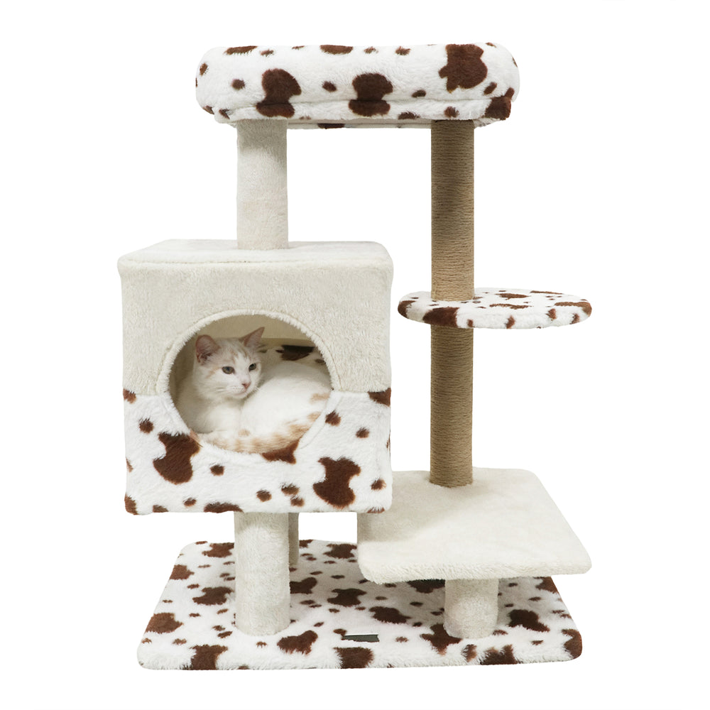 Modern cat tree with cozy two-door condo, wide perch, and scratching posts for indoor cats, ideal for climbing and.