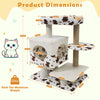 Modern cat tree with wide upholstered perch, two-door condo, and scratching posts, perfect for indoor cat lounging.