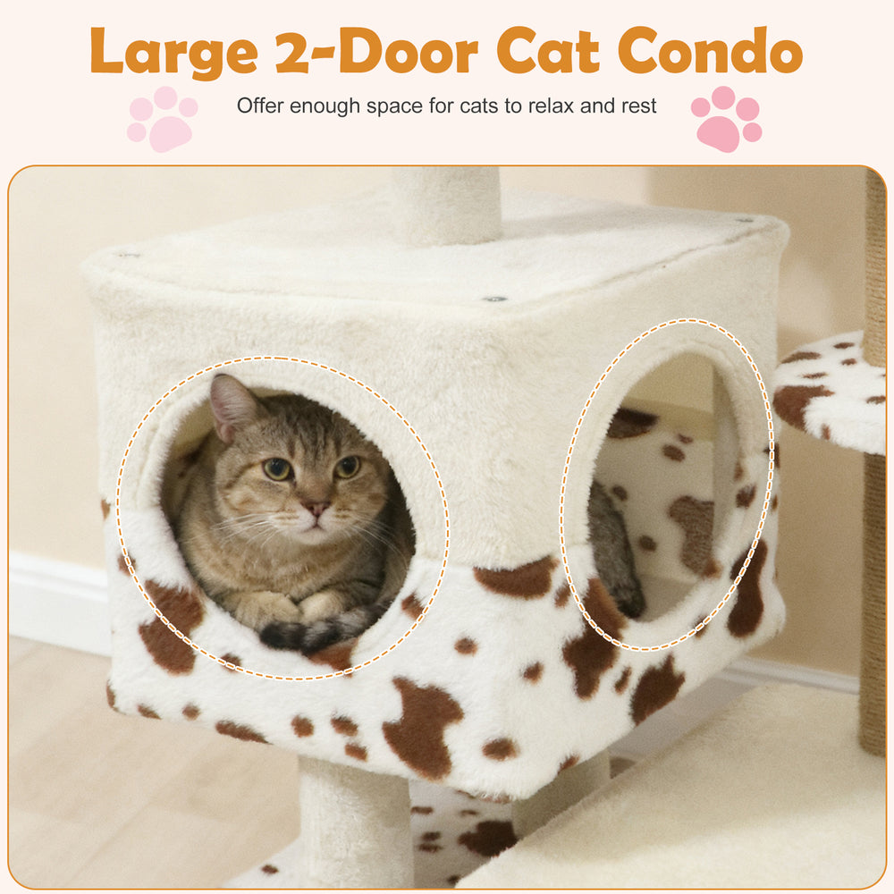 Large 2-door cat condo with soft fabric, providing a cozy lounging space for cats to relax and rest indoors.