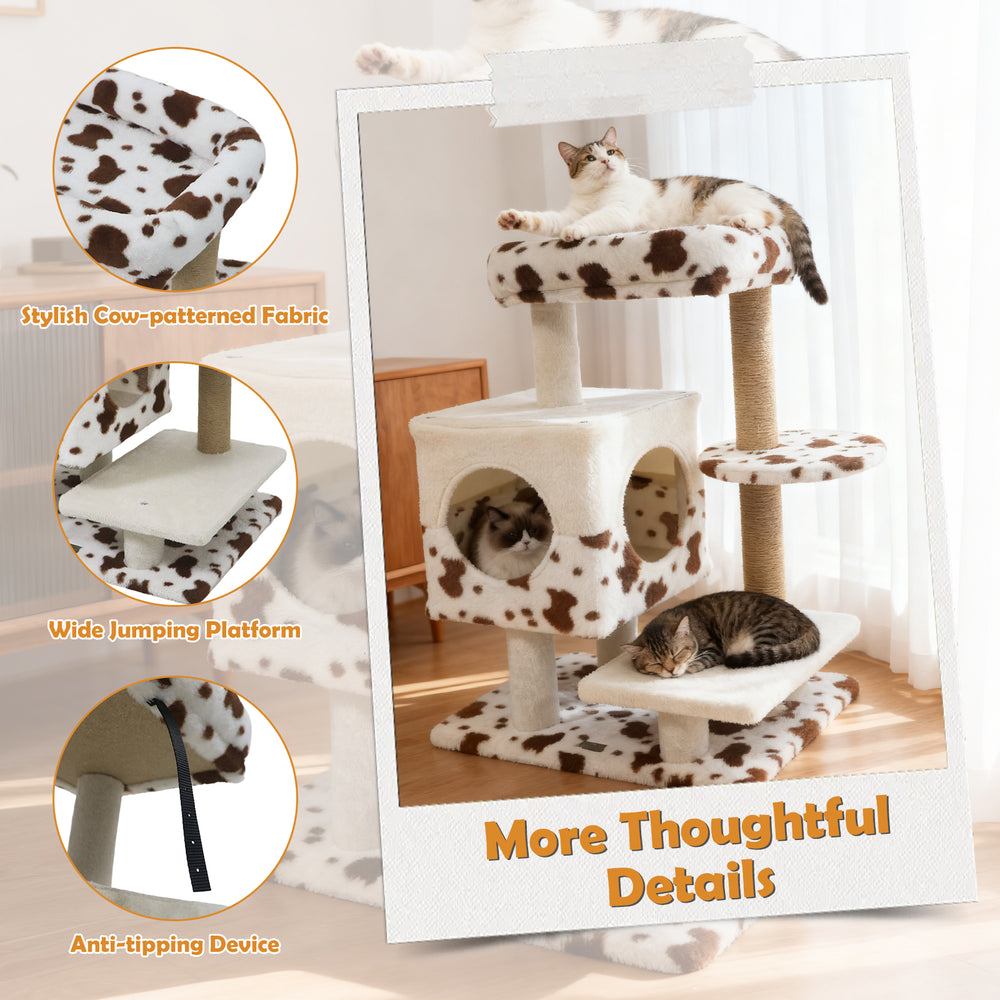 Modern cat tree with cow-patterned fabric, featuring a wide perch, two-door condo, and stable design for indoor cats.