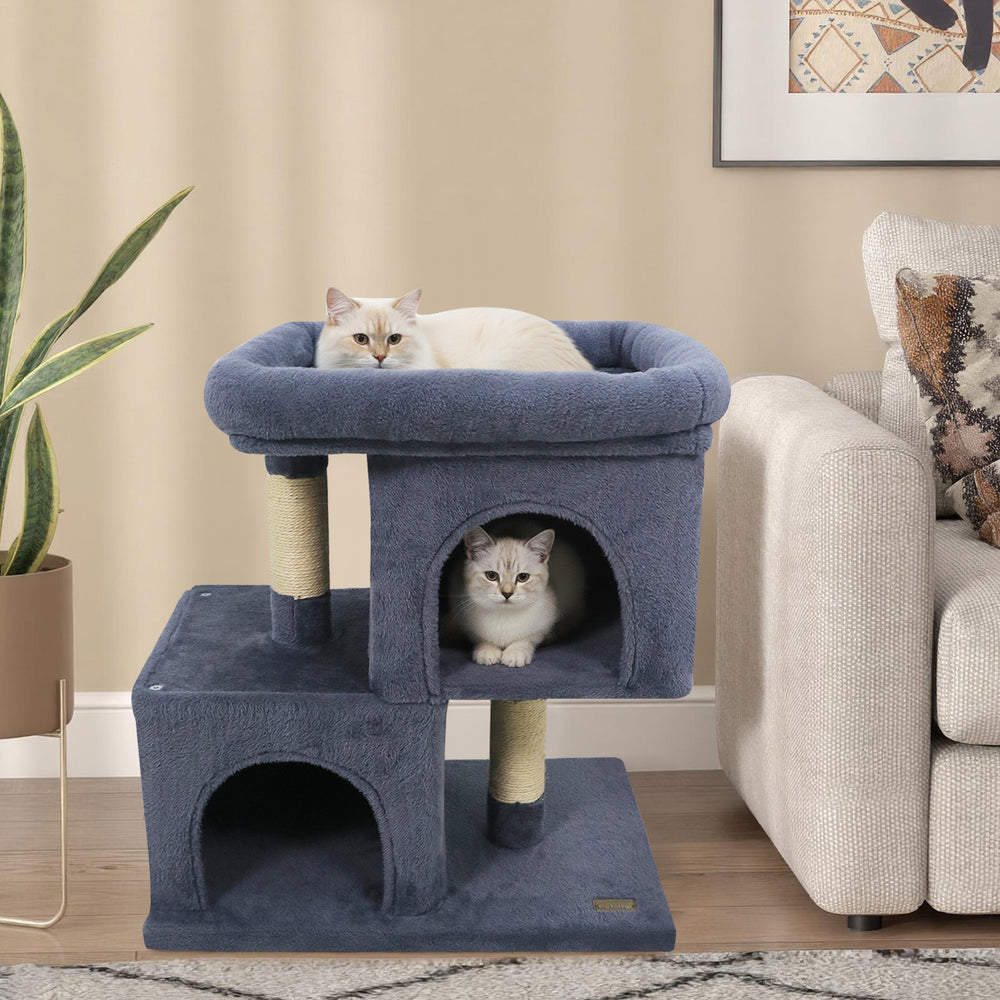 Modern Cat Tree Space-saving Cat Tower with Upholstered Perch and 2 Cat Condos-Dark Grey - Gallery View 1 of 10