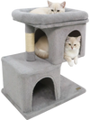 Modern gray cat tree featuring two spacious condos and a cozy upholstered perch for comfortable lounging.