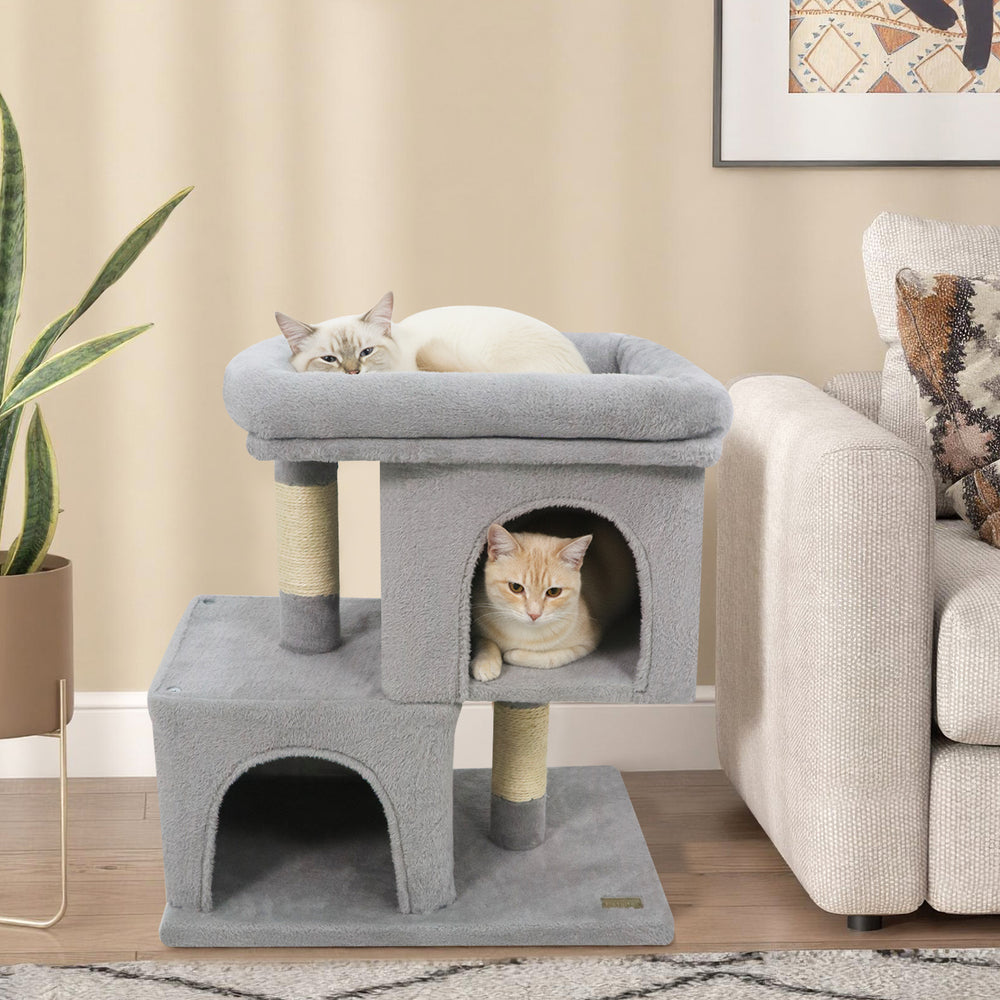 Modern Cat Tree Space-saving Cat Tower with Upholstered Perch and 2 Cat Condos-Gray - Gallery View 1 of 10