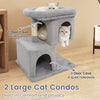 Gray modern cat tree featuring two large condos, upholstered perch, and sisal scratching posts for comfortable lounging.