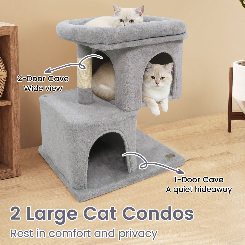 Gray modern cat tree featuring two large condos, upholstered perch, and sisal scratching posts for comfortable lounging.
