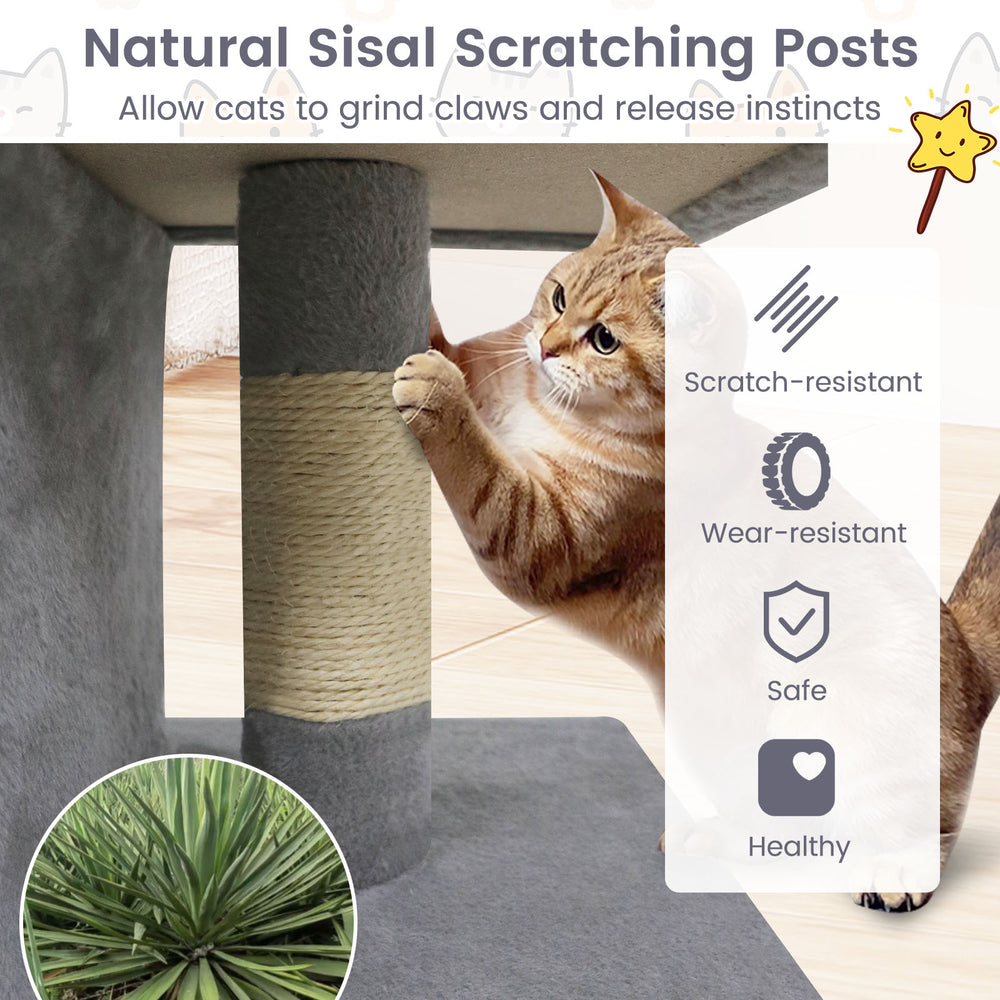 Modern cat tree featuring natural sisal scratching posts, upholstered perch, and two spacious condos for cozy.