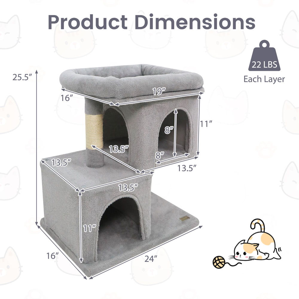 Gray modern cat tree with two condos, upholstered perch, and sisal scratching posts, ideal for small spaces.