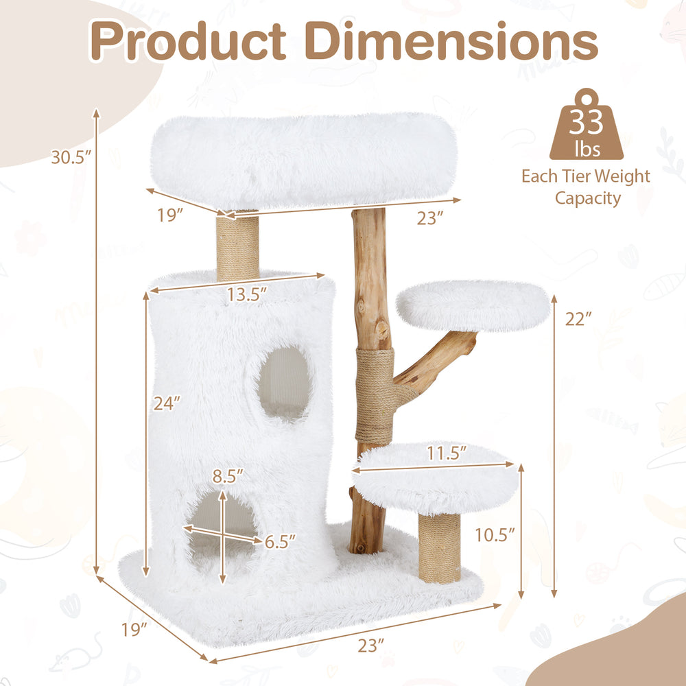 Product dimensions of the Modern Cat Tree with solid wood branches, featuring two tiers and plush fabric for indoor.