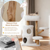 Modern cat tree with natural pear wood branches, plush fabric, and two-tier condos for indoor cats to climb and relax.