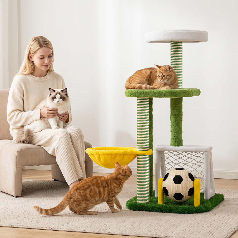 Multi-level green cat tree features cozy perches, a soccer field, and scratching posts for indoor kittens' play and rest.