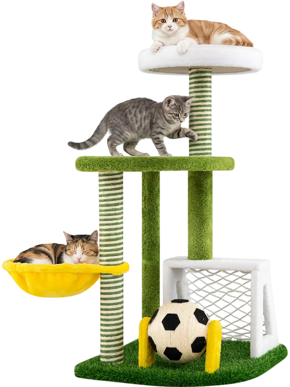 Multi-level green cat tree features a soccer field, plush perches, and cozy hammock for indoor kittens to climb and play.