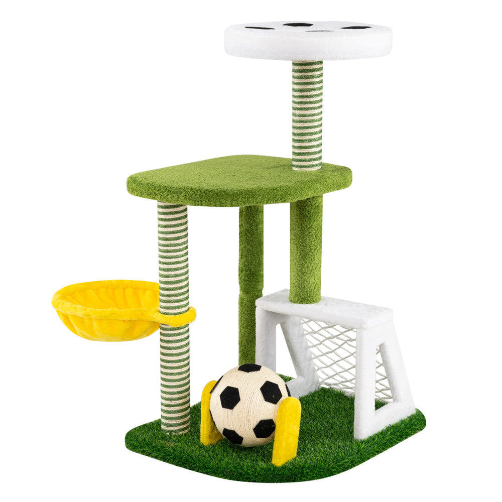 Multi-level green cat tree features a soccer field, plush perches, and a cozy hammock for indoor kittens to play and rest.