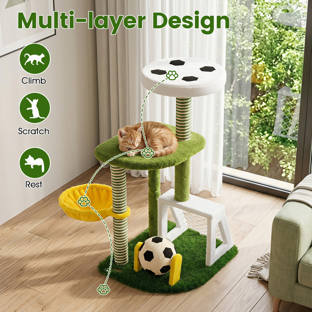 Modern cat tree in green features multiple levels, a cozy hammock, and a soccer-themed design for climbing and scratching.