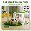 Cat-sized soccer field with a soccer ball and goal, featuring artificial turf for playful indoor kitten activities.