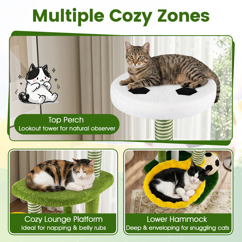 Modern cat tree in green features a top perch, cozy lounge platform, and lower hammock for playful and restful cats.