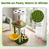 Multi-level green cat tree with plush fabric, soccer-themed design, and cozy perches for indoor kittens to play and rest.