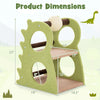 2-tier green cat tree with dinosaur design, featuring scratching ball and playful holes for indoor cats. Dimensions.