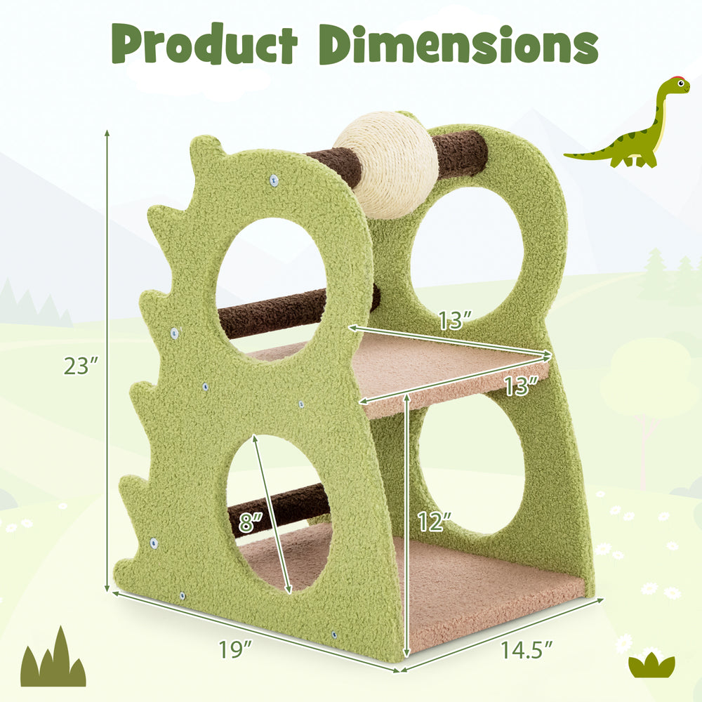 2-tier green cat tree with dinosaur design, featuring scratching ball and playful holes for indoor cats. Dimensions.