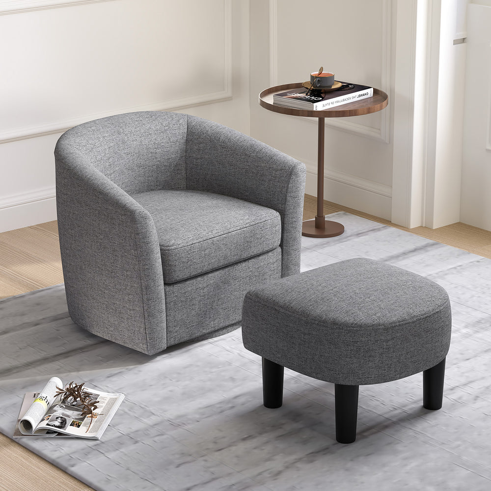 Grey modern club swivel accent chair with ottoman footrest, featuring a curved backrest, perfect for living room or.