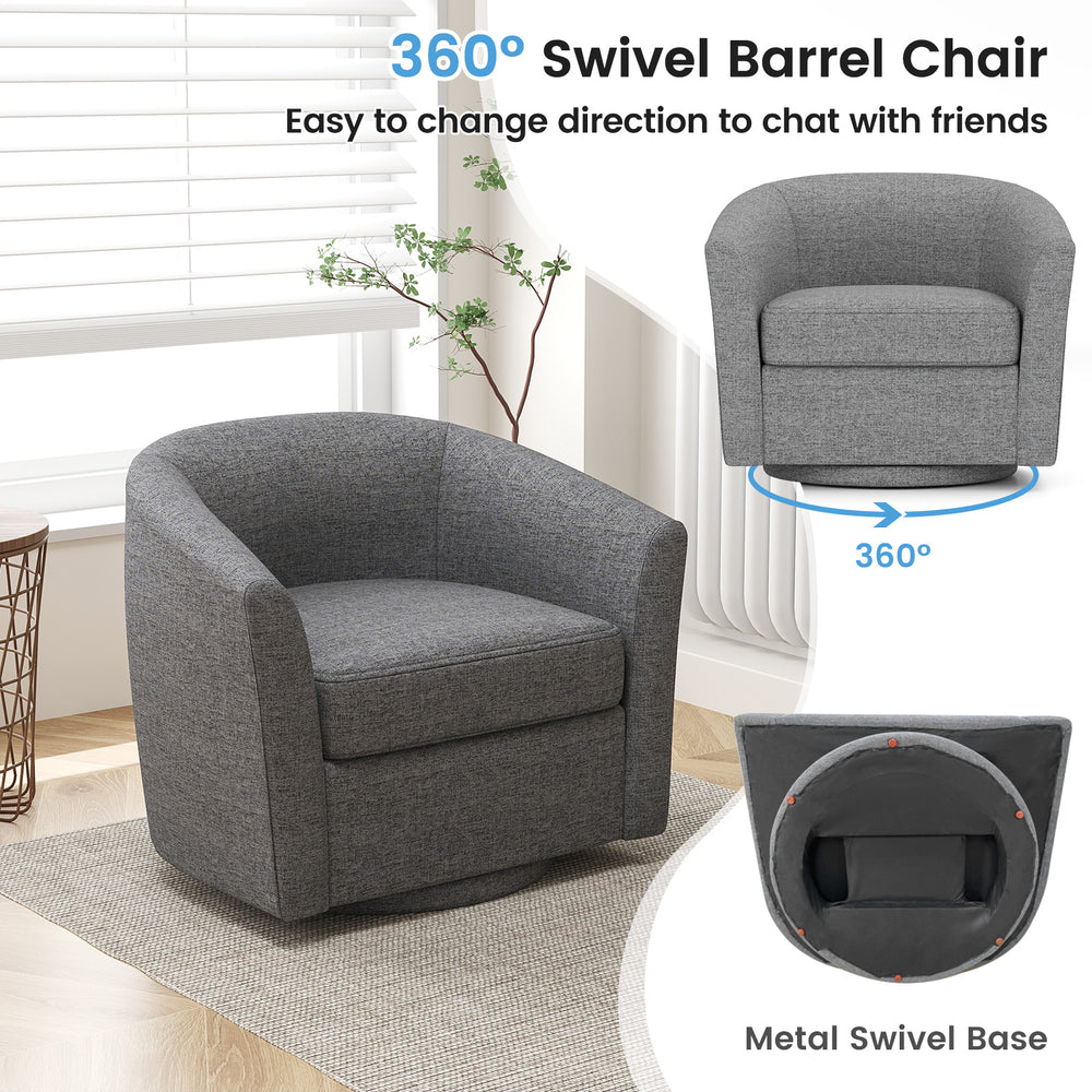 Modern grey swivel barrel chair with ottoman footrest, featuring a 360-degree swivel base for versatile seating.