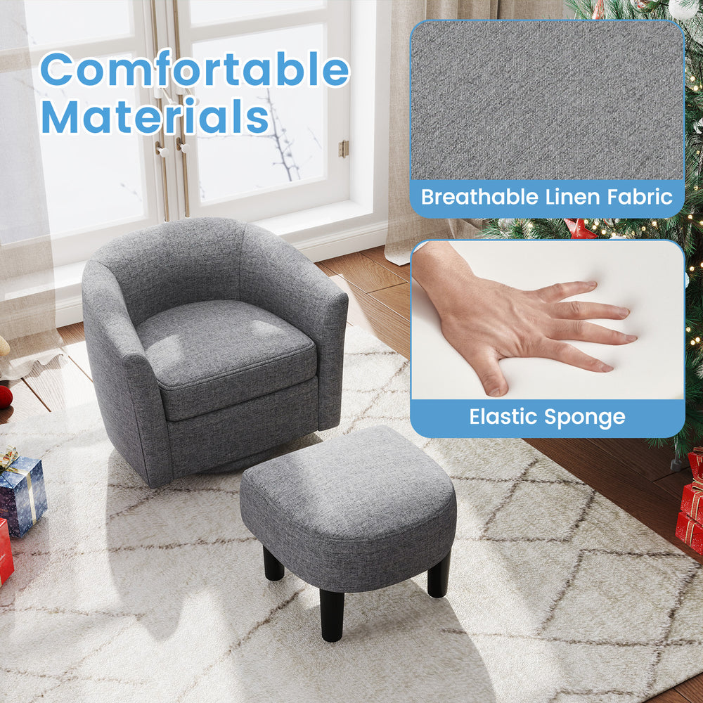 Modern grey club swivel accent chair with ottoman footrest, featuring breathable linen fabric and elastic sponge for.