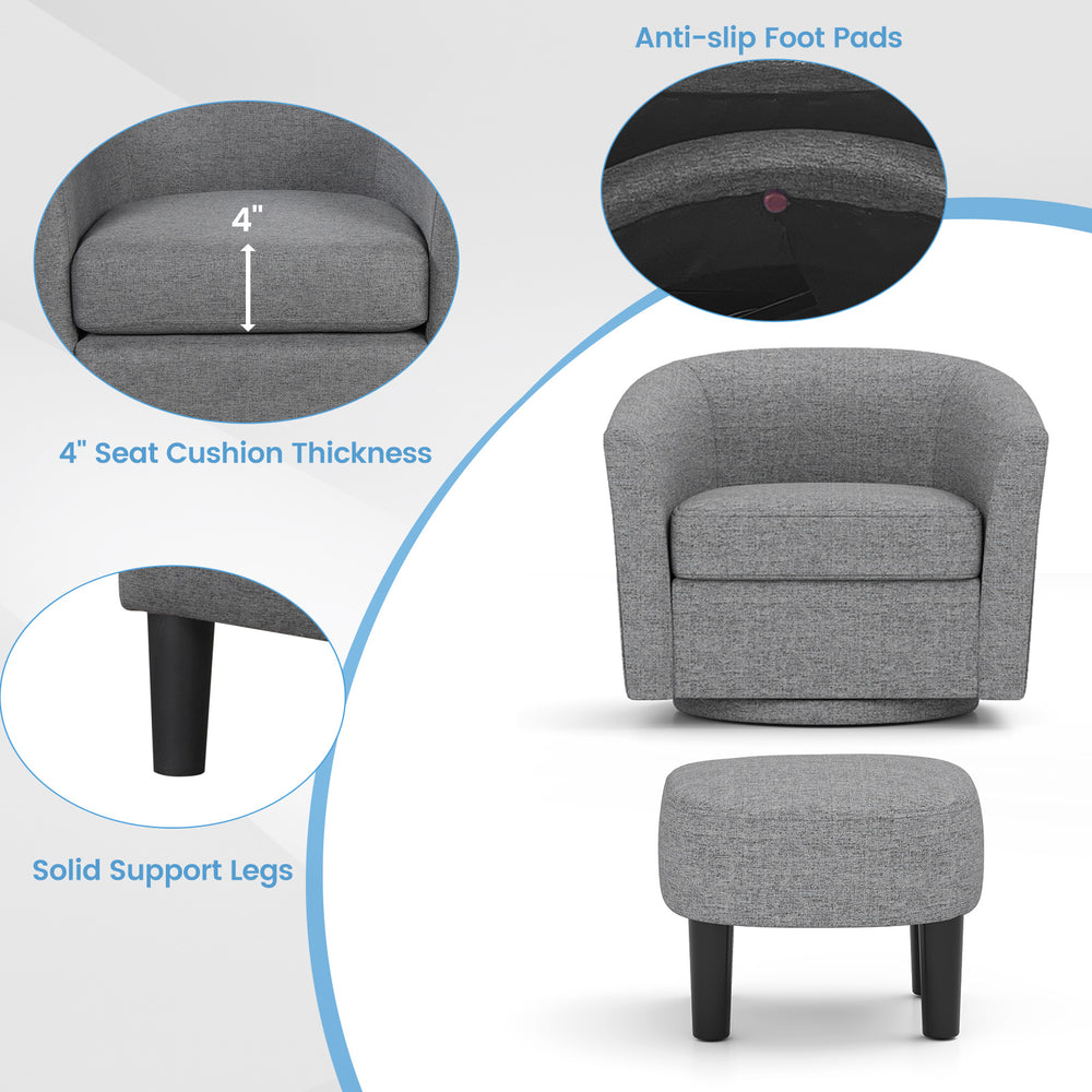 Modern grey club swivel accent chair with a 4" thick cushion and ottoman footrest, perfect for living rooms or offices.