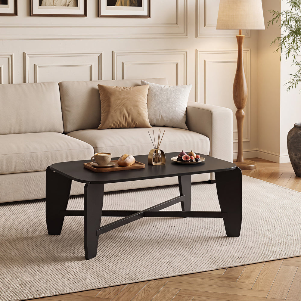 Modern black coffee table with rubber wood cross-leg base, offering ample storage and stylish design for living rooms.