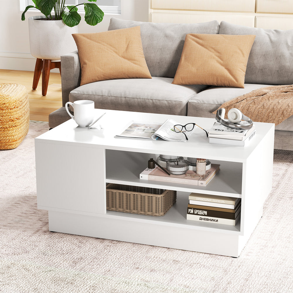 Modern white coffee table with 2-tier open storage shelves, spacious tabletop, and sleek design for stylish living.