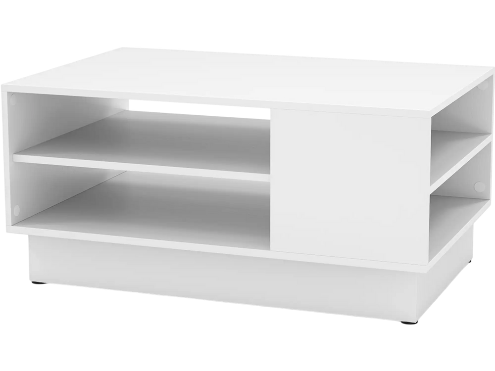 Modern white coffee table featuring 2-tier open storage shelves, spacious tabletop, and sleek design for contemporary.