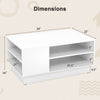 Modern coffee table dimensions showing a white finish, 2-tier open storage shelves, and sleek design for versatile use.