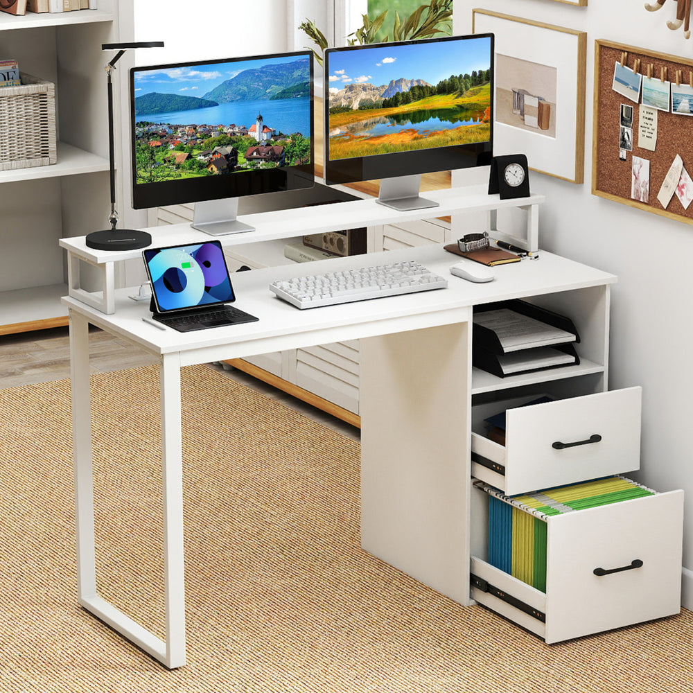 Modern white computer desk with power outlets, ergonomic monitor stand, and file drawer for organized workspace.