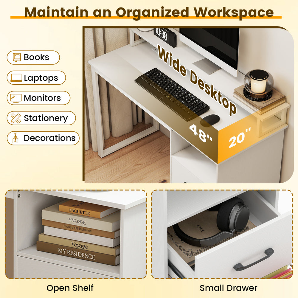 Modern computer desk with a wide 48" desktop, open shelf, and small drawer for organized workspace and device charging.