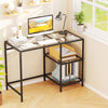 Modern console table with black metal frame, tempered glass top, and two open shelves for stylish home office.