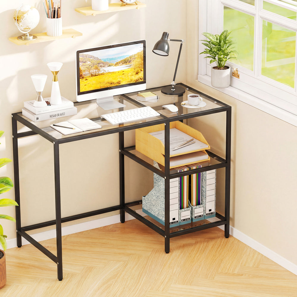 Modern console table with black metal frame, tempered glass top, and two open shelves for stylish home office.