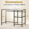 Modern console table with black metal frame, two open shelves, and dimensions for versatile use in any space.