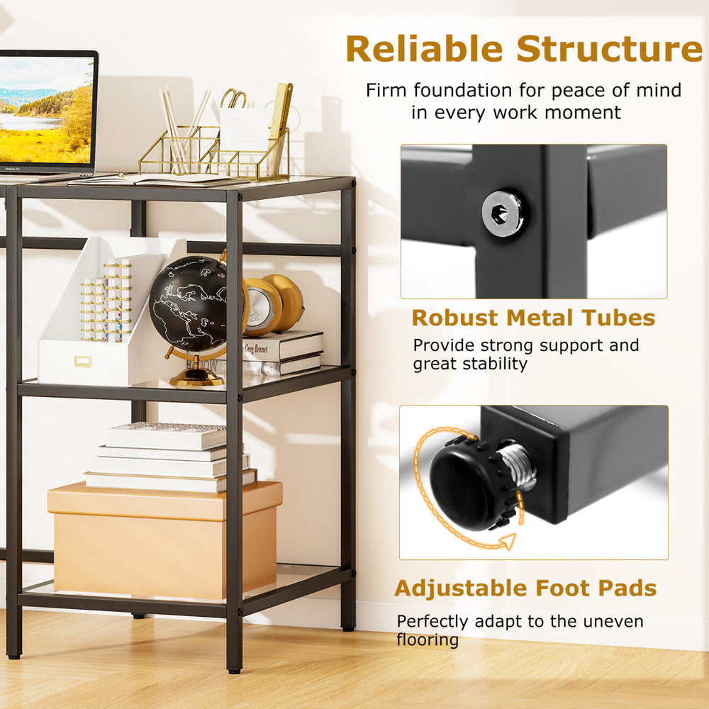 Modern console table with black metal frame, featuring adjustable foot pads and sturdy glass shelves for stability.