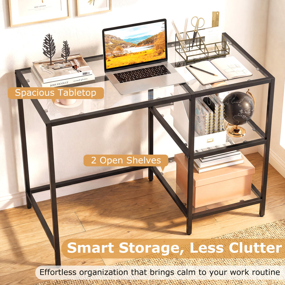 Modern console table with a black metal frame, spacious glass tabletop, and two open shelves for smart storage.