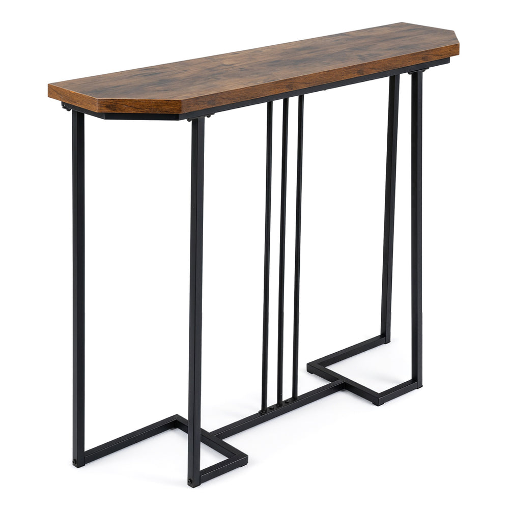 Narrow rustic brown console table with metal legs, featuring a geometric design and ample space for display items.