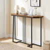 Narrow entryway console table with rustic brown top and metal legs, perfect for hallways and behind sofas.
