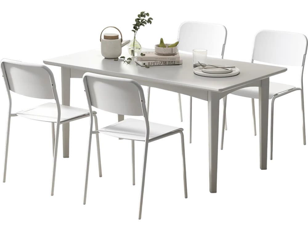 Modern dining table set featuring four white chairs with tilted backrests and sturdy metal legs, ideal for stylish.