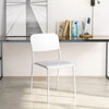White modern dining chair with tilted backrest and sturdy metal legs, ideal for indoor or outdoor use.