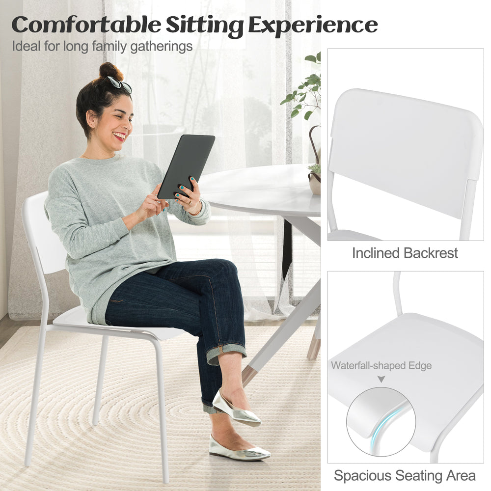 Modern white dining chair with inclined backrest and sturdy metal legs, ideal for comfortable seating in dining areas.