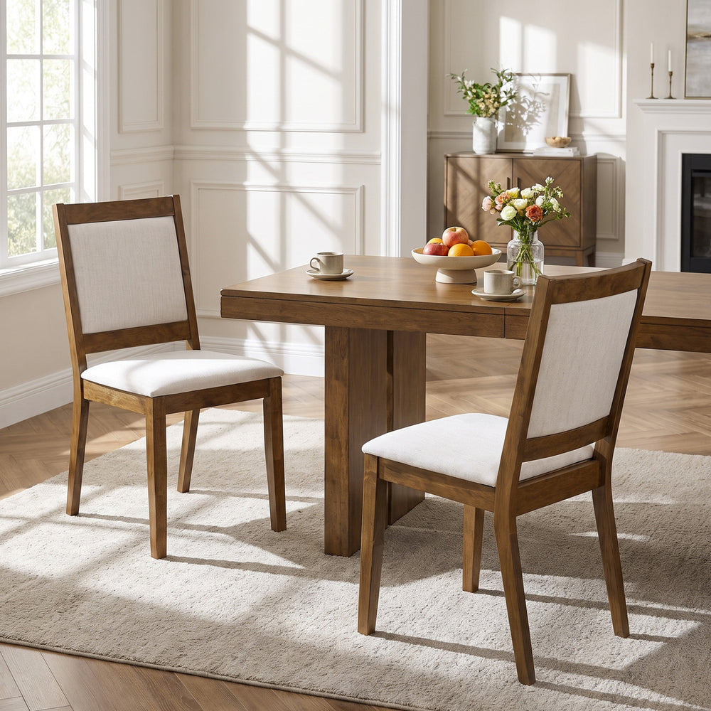 Modern dining chair set of 2 with padded beige cushions and a durable rubber wood frame for stylish comfort.