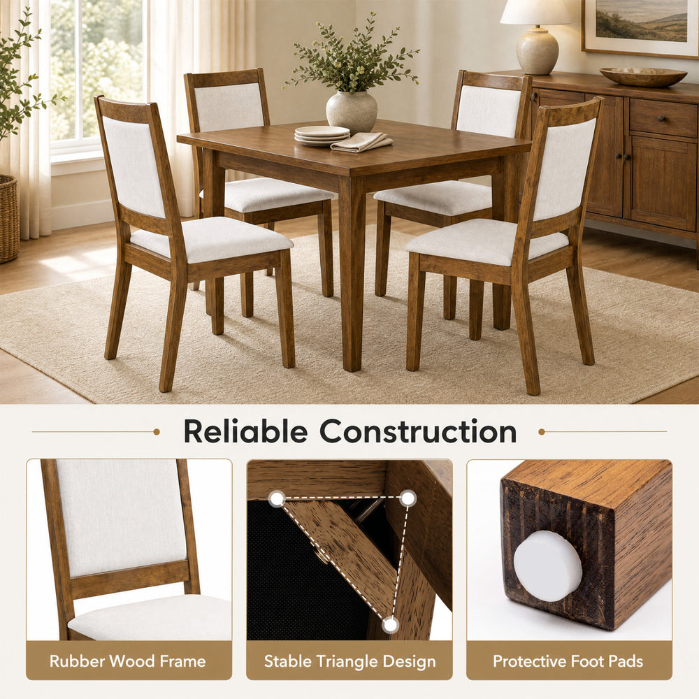 Set of 2 modern dining chairs with padded beige cushions and a reliable rubber wood frame for stylish comfort.