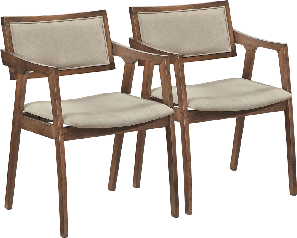 Set of 2 modern dining chairs with arms, rubber wood frame, beige fabric upholstery, ideal for kitchen or dining room.