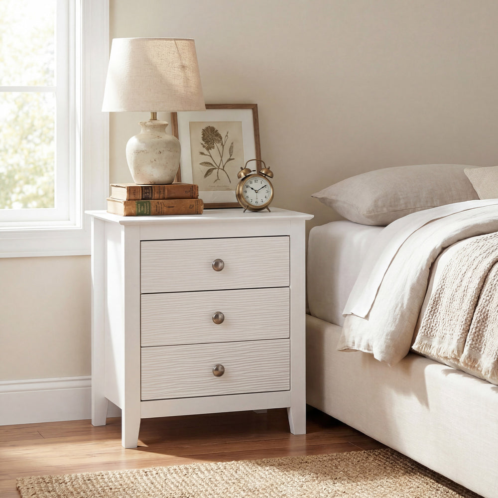 Modern Farmhouse 3-Drawer NightStand with Wood Grain Accents and Sleek Knobs-White - Gallery View 1 of 9
